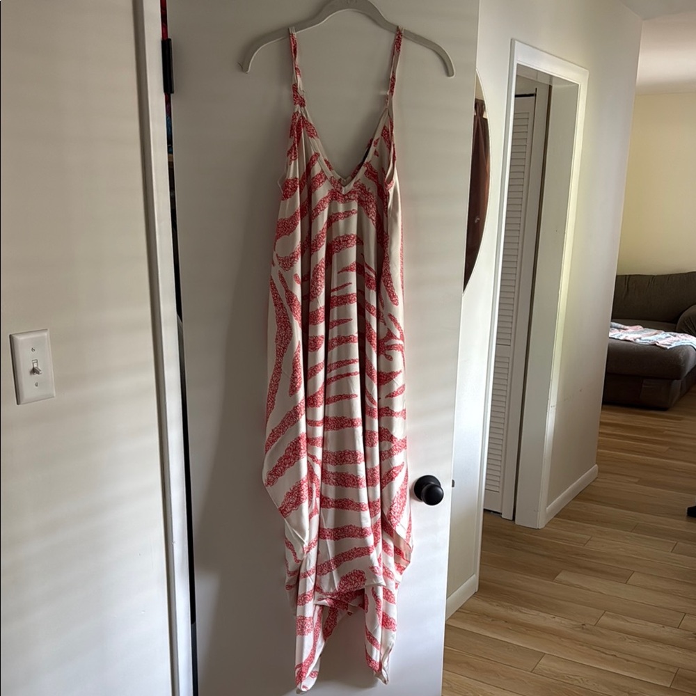 Bloomingdale's Red and White Striped Jumpsuit with V-Neckline